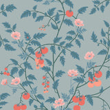 Our Heirloom wallpaper celebrates the annual arrival of tomato season. Highly durable, fade resistant, and made in the USA. This wallpaper features red and peach tomatoes, pink flowers and blue vines on a light blue background and was created in collaboration with The Aesthetics of Joy.