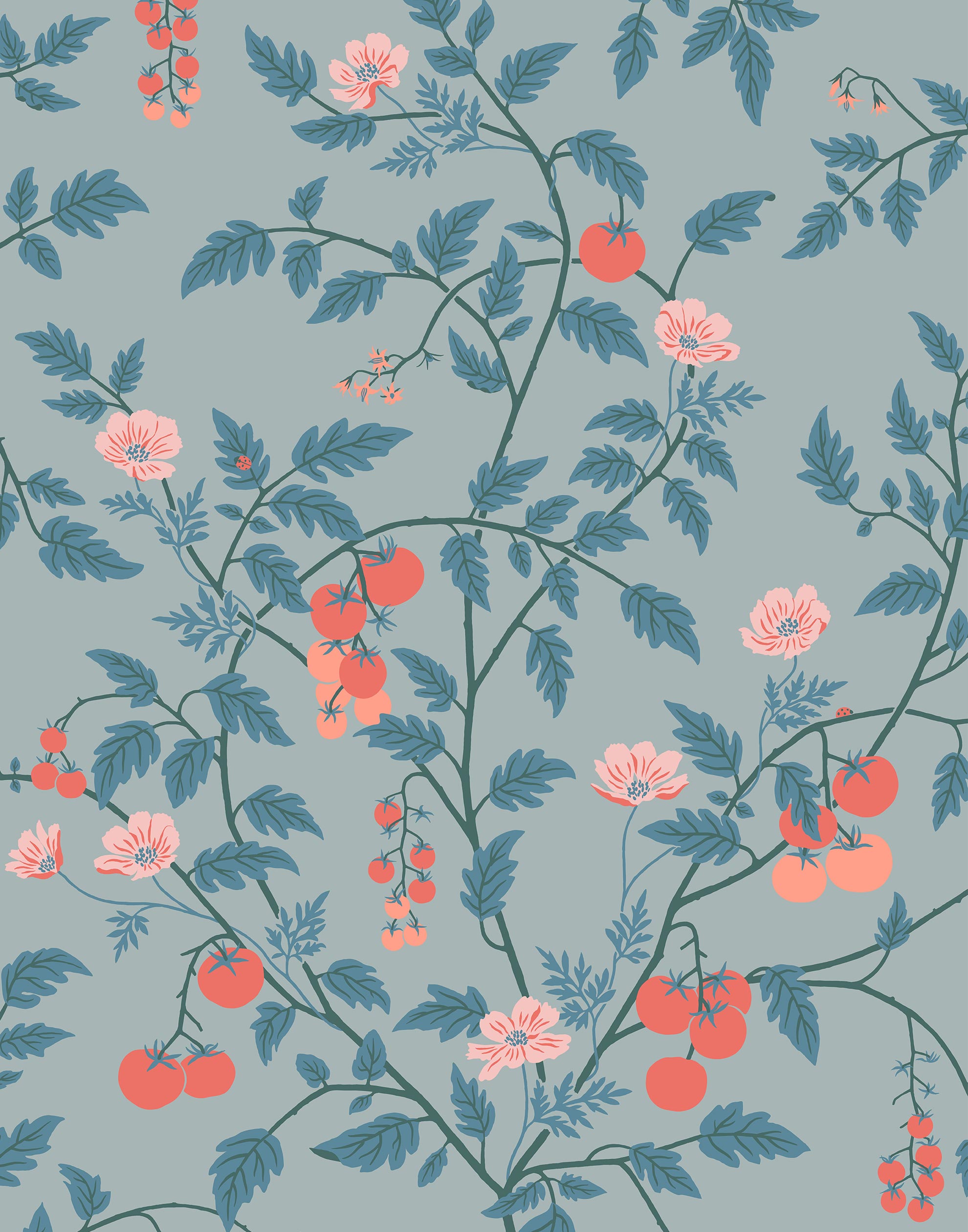 Our Heirloom wallpaper celebrates the annual arrival of tomato season. Highly durable, fade resistant, and made in the USA. This wallpaper features red and peach tomatoes, pink flowers and blue vines on a light blue background and was created in collaboration with The Aesthetics of Joy.