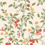 Our Heirloom wallpaper celebrates the annual arrival of tomato season. Highly durable, fade resistant, and made in the USA. This wallpaper features red and pink tomatoes, yellow flowers and green vines on a pink background and was created in collaboration with The Aesthetics of Joy.