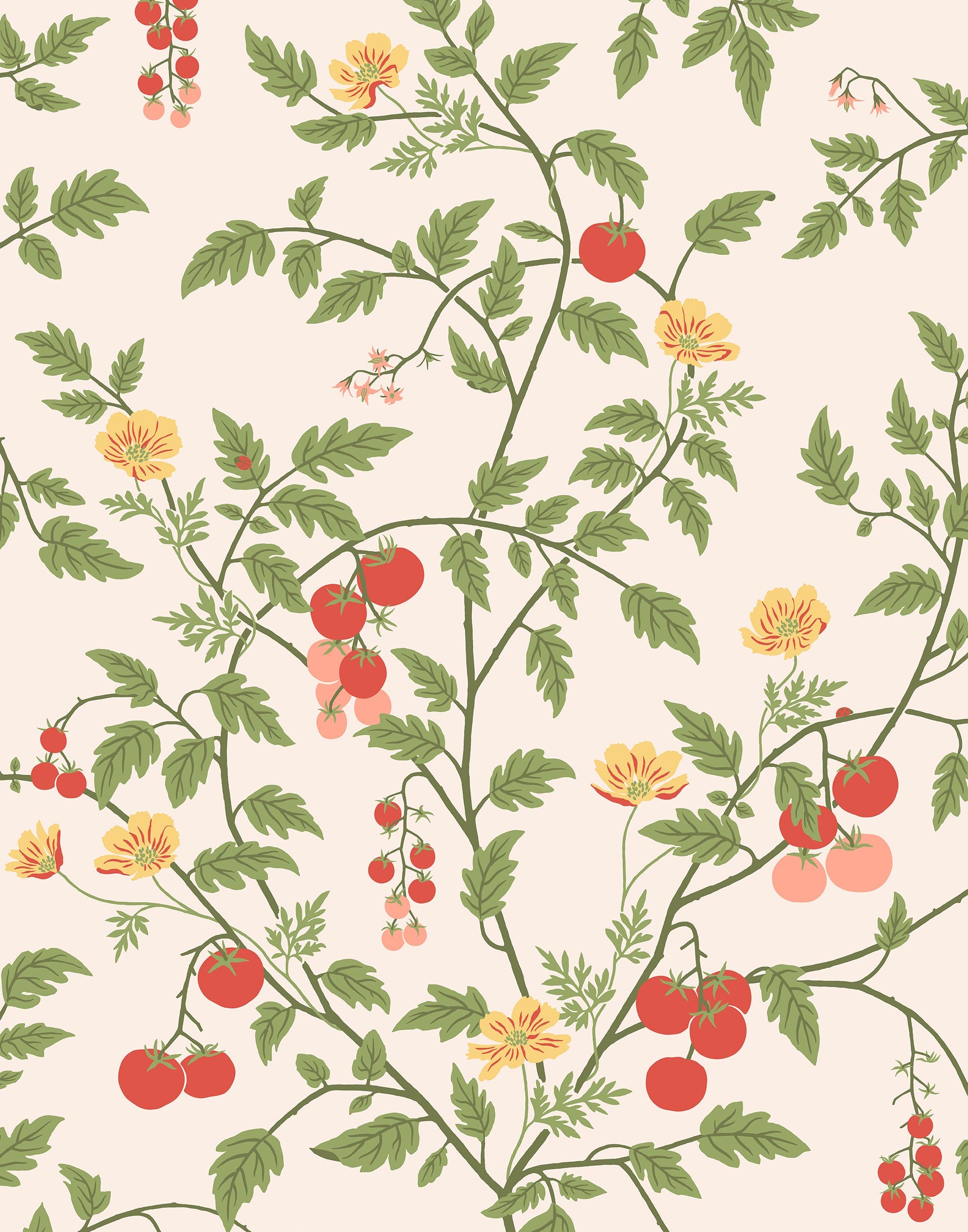 Our Heirloom wallpaper celebrates the annual arrival of tomato season. Highly durable, fade resistant, and made in the USA. This wallpaper features red and pink tomatoes, yellow flowers and green vines on a pink background and was created in collaboration with The Aesthetics of Joy.