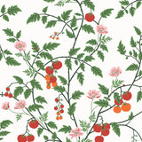 Our Heirloom wallpaper celebrates the annual arrival of tomato season. Highly durable, fade resistant, and made in the USA. This wallpaper features red and orange tomatoes, pink flowers and green vines on a white background and was created in collaboration with The Aesthetics of Joy.