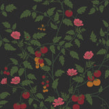 Our Heirloom wallpaper celebrates the annual arrival of tomato season. Highly durable, fade resistant, and made in the USA. This wallpaper features red and orange tomatoes, pink flowers and green vines on a black background and was created in collaboration with The Aesthetics of Joy.