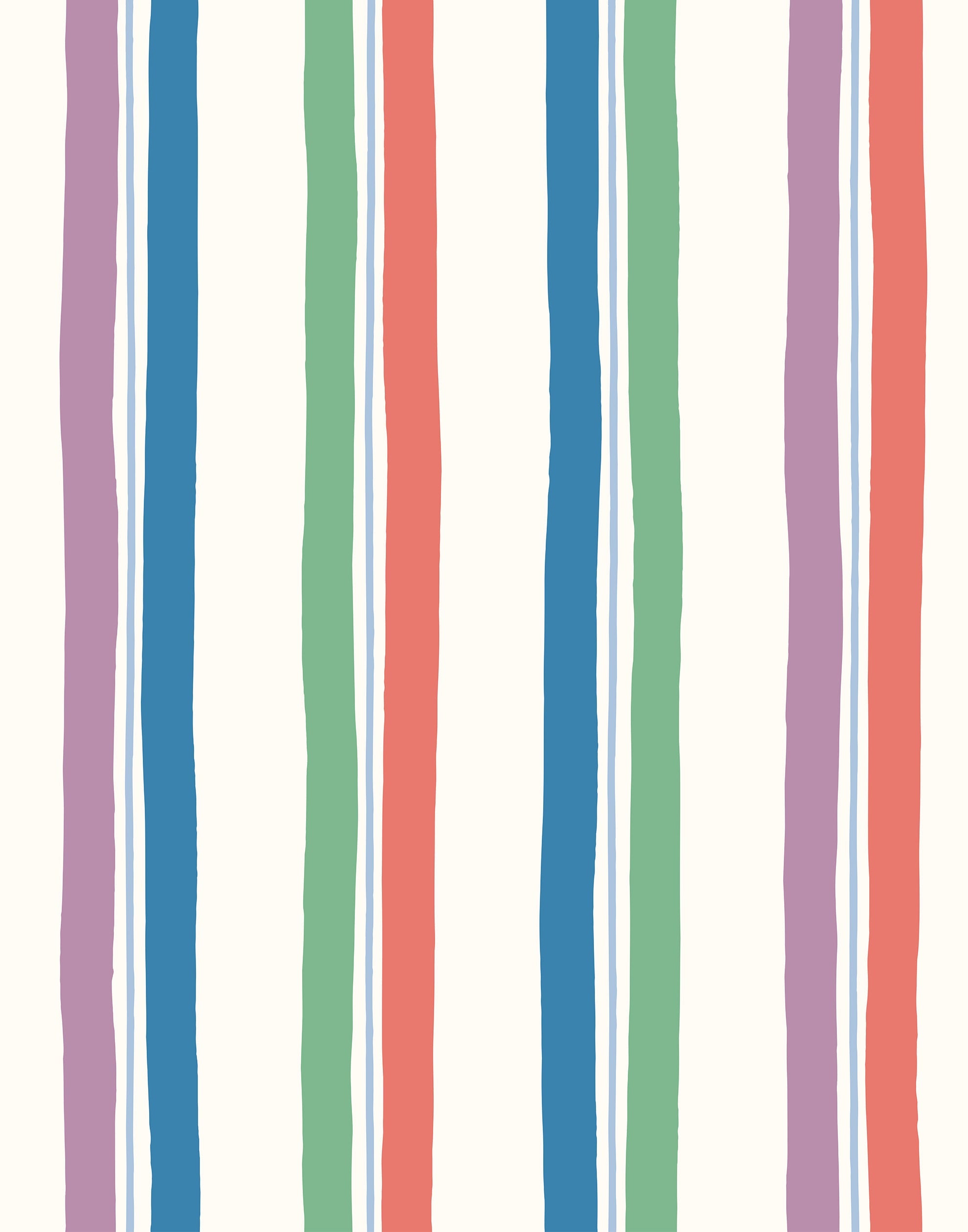 Our Picnic wallpaper was inspired by the wavy stripes of a picnic blanket. Highly durable, fade resistant, and made in the USA. This wallpaper has green, blue, red and purple stripes on a white background and was made in collaboration with The Aesthetics of Joy.