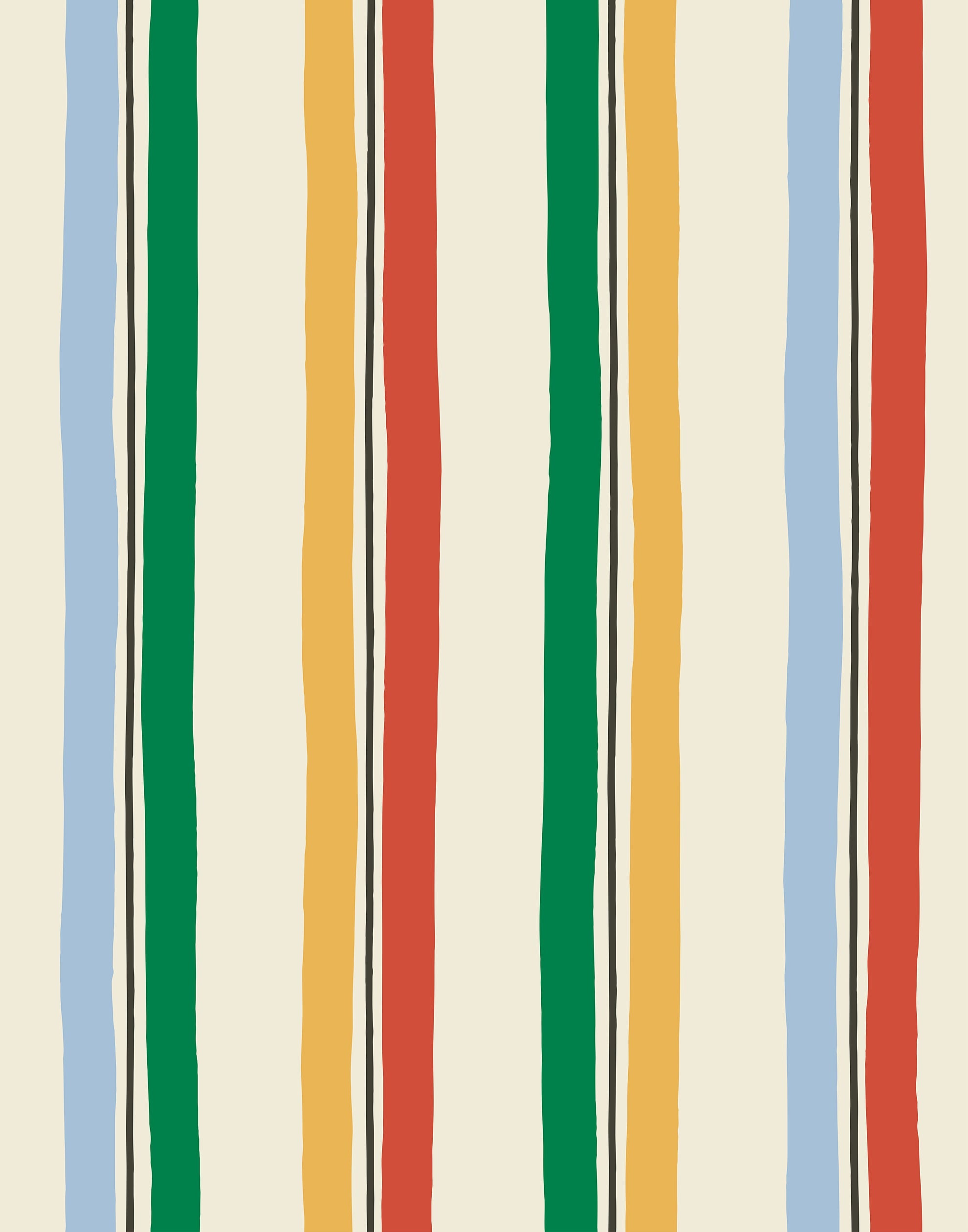 Our Picnic wallpaper was inspired by the wavy stripes of a picnic blanket. Highly durable, fade resistant, and made in the USA. This wallpaper has green, blue, red and yellow stripes on a cream background and was made in collaboration with The Aesthetics of Joy.