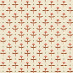 Zinnia (Parchment) Wallpaper mixes a geometric layout with the soft details of the zinnia flower. Pink, red and green illustration on a cream ground.