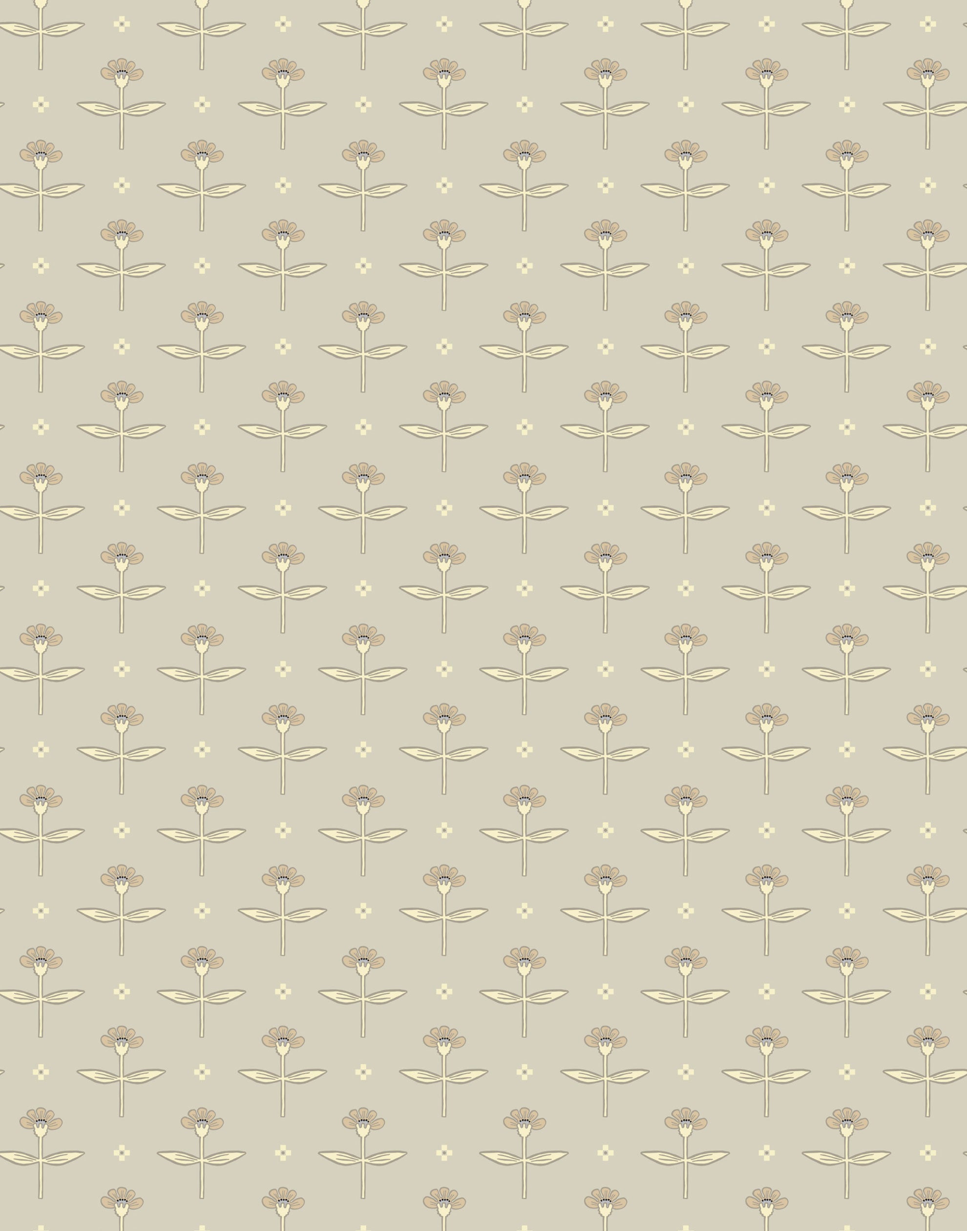 Zinnia (French Gray) Wallpaper mixes a geometric layout with the soft details of the zinnia flower. Cream, gray, and yellow illustration on a soft gray ground.