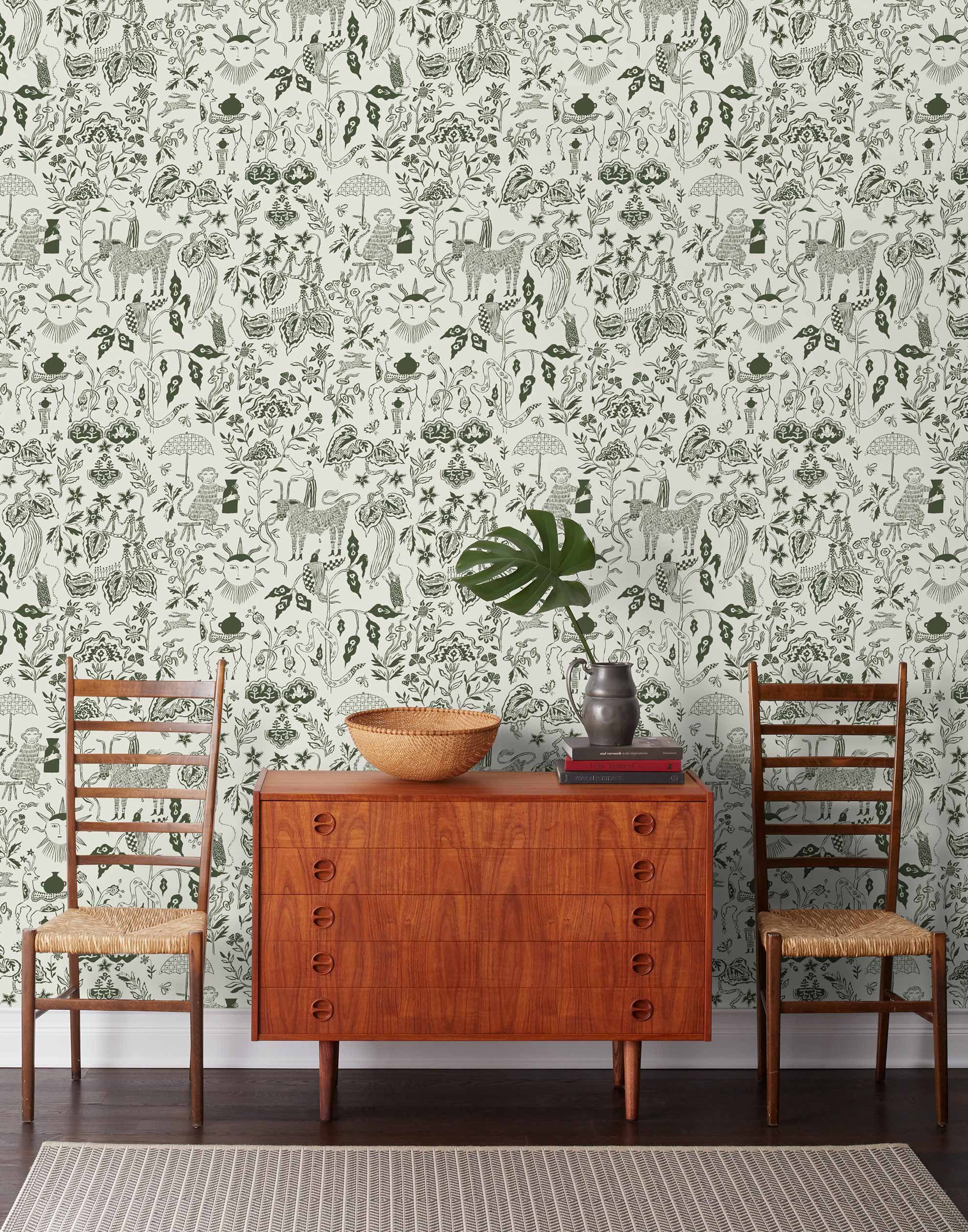 Clouds to Cry (Fern) features hand-drawn animals in a garden scene. Fern green illustration on a soft gray ground.