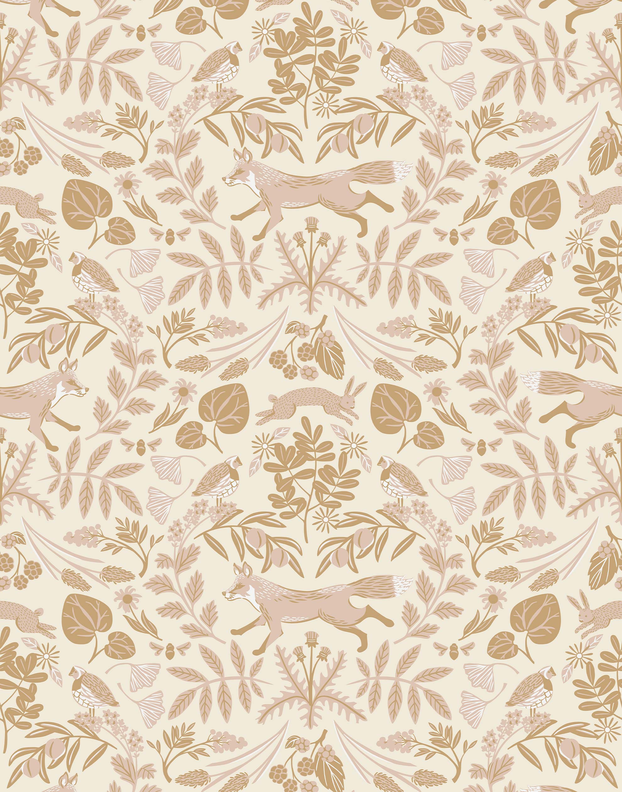 Piedmont (Blush) wallpaper with pink foxes, taupe flora, white accents on a light pink background