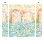 Watercolored swans, turtles, frogs, and fish swim in a flora filled pond beneath an arch of climbing plants and grasses. Lily Pond Mural contains a rainbow of soft watercolors - yellow, peach, apricot, green and blue. Hillery Sproat + Hygge & West