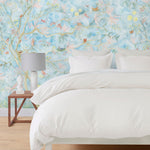 Watercolored birds, butterflies and tree sprites flutter about in an orchard of trees in our Tree Sprites mural. Yellow, pink, peach, and green on a soft blue background. Hillery Sproat + Hygge & West