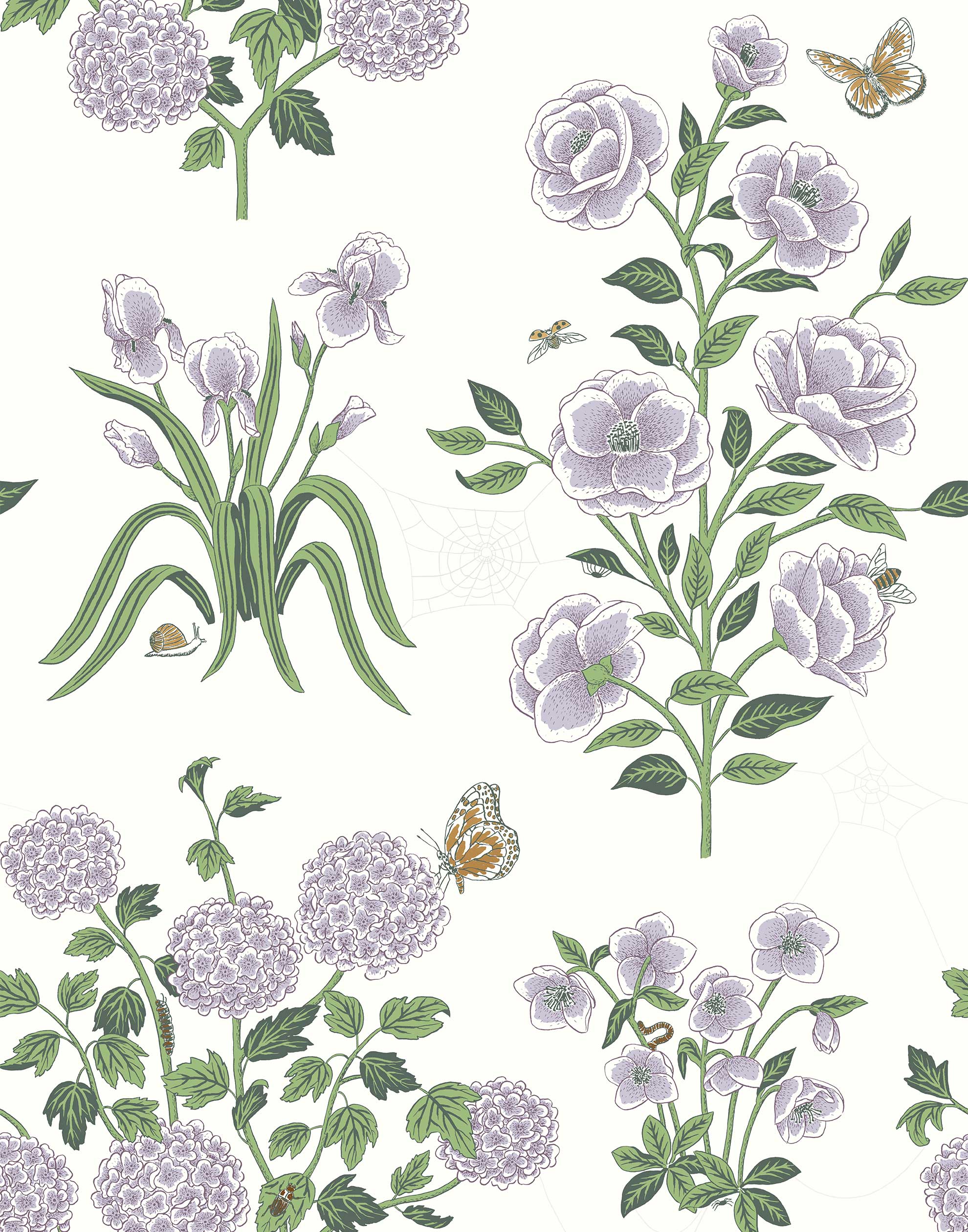 This large-scale wallpaper features hand drawn bees, butterflies and other garden friends frolic among flowers - camellias, hellebores, irises, and snowball trees. Harmony (Ebony) is printed in shades of green and purple on a white background.
