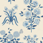 This large-scale wallpaper features hand drawn bees, butterflies and other garden friends frolic among flowers - camellias, hellebores, irises, and snowball trees. Harmony (Porcelain) is printed in shades of blue on a cream background.