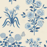 This large-scale wallpaper features hand drawn bees, butterflies and other garden friends frolic among flowers - camellias, hellebores, irises, and snowball trees. Harmony (Porcelain) is printed in shades of blue on a cream background.