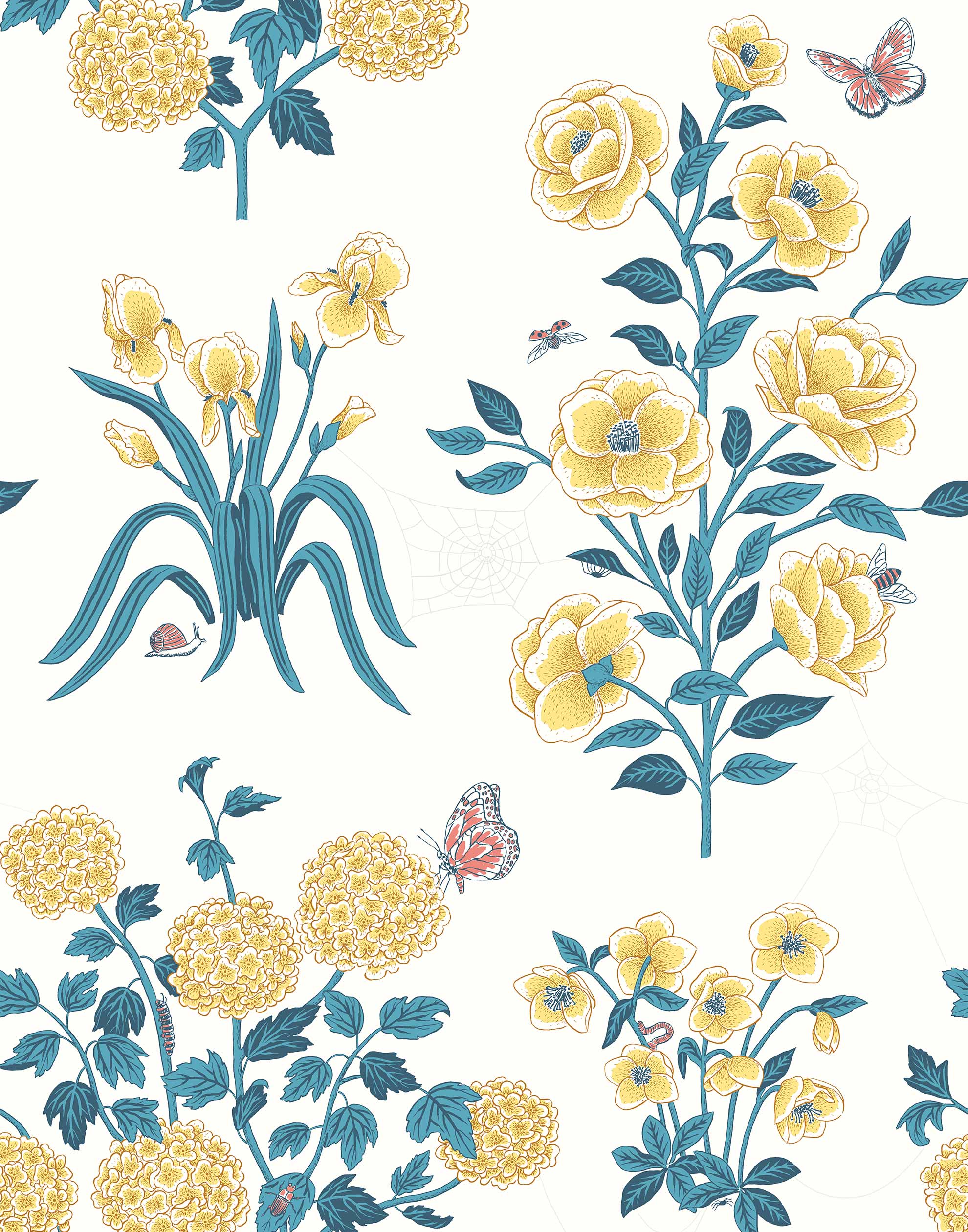 This large-scale wallpaper features hand drawn bees, butterflies and other garden friends frolic among flowers - camellias, hellebores, irises, and snowball trees. Harmony (Flax) is printed in shades of green and yellow on an off white background.