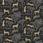 Our Serengeti wallpaper features gold cheetahs and gray birds scattered among gray acacia trees on a black background, reflecting the powerful beauty of the vast plains. Designed by Julia Rothman and made in the USA.