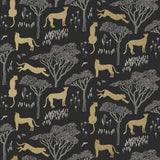 Our Serengeti wallpaper features gold cheetahs and gray birds scattered among gray acacia trees on a black background, reflecting the powerful beauty of the vast plains. Designed by Julia Rothman and made in the USA.