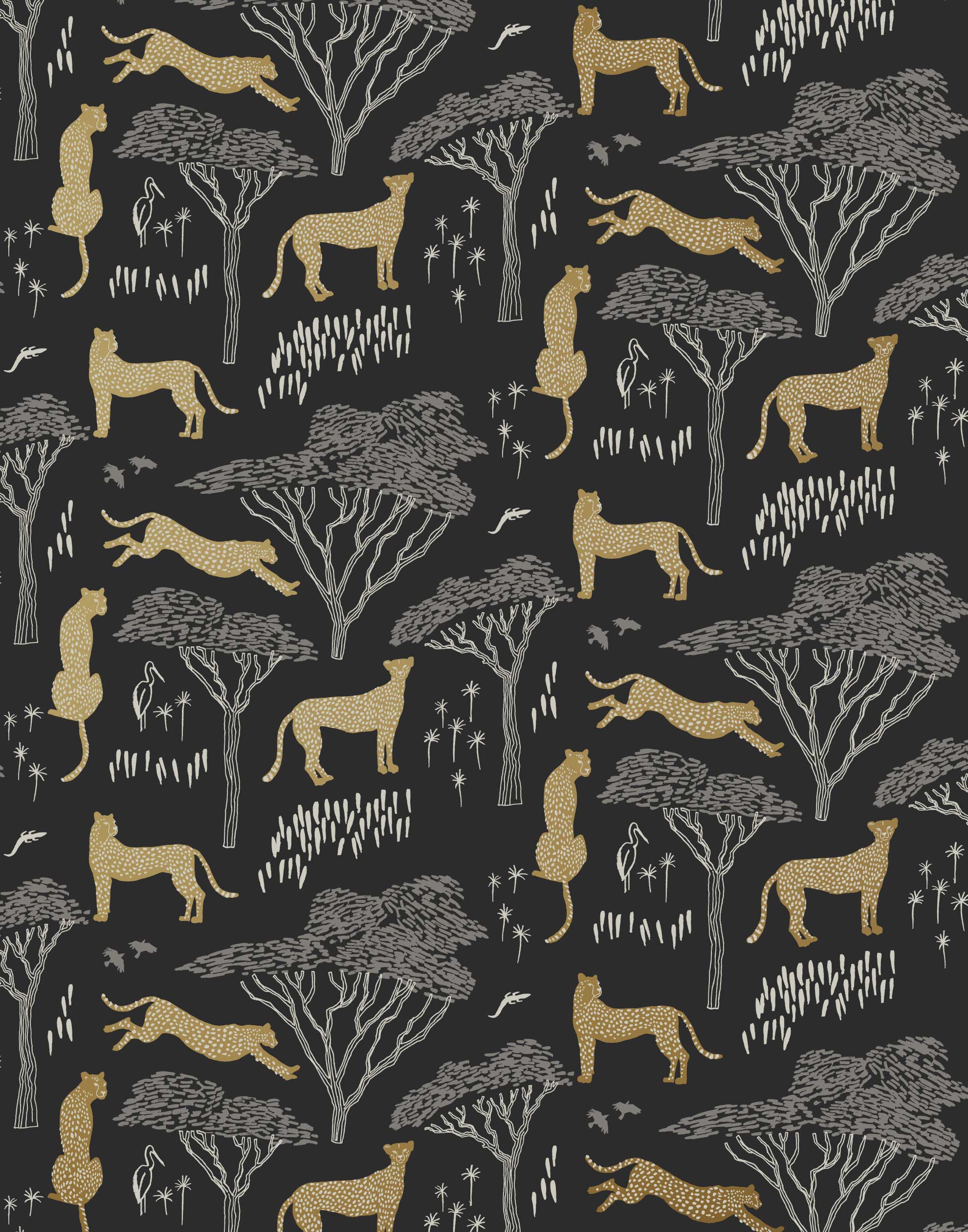 Our Serengeti wallpaper features gold cheetahs and gray birds scattered among gray acacia trees on a black background, reflecting the powerful beauty of the vast plains. Designed by Julia Rothman and made in the USA.