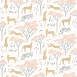 Our Serengeti wallpaper features beige cheetahs and pink birds scattered among peach acacia trees on a white background, reflecting the powerful beauty of the vast plains. Designed by Julia Rothman and made in the USA.