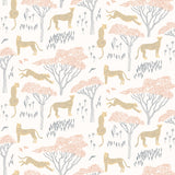 Our Serengeti wallpaper features beige cheetahs and pink birds scattered among peach acacia trees on a white background, reflecting the powerful beauty of the vast plains. Designed by Julia Rothman and made in the USA.