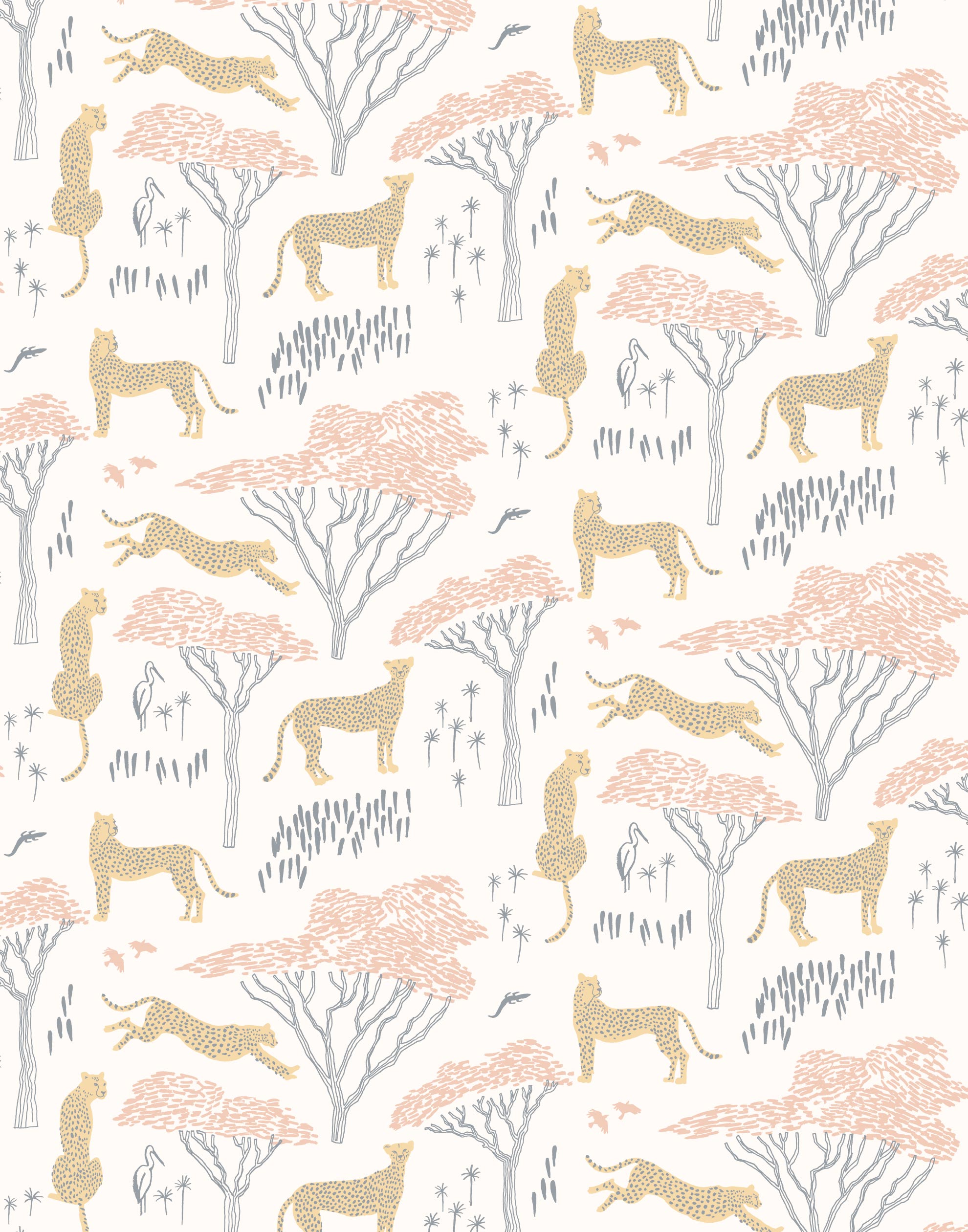 Our Serengeti wallpaper features beige cheetahs and pink birds scattered among peach acacia trees on a white background, reflecting the powerful beauty of the vast plains. Designed by Julia Rothman and made in the USA.