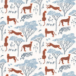 Our Serengeti wallpaper features orange cheetahs and navy birds scattered among blue acacia trees on a white background, reflecting the powerful beauty of the vast plains. Designed by Julia Rothman and made in the USA.