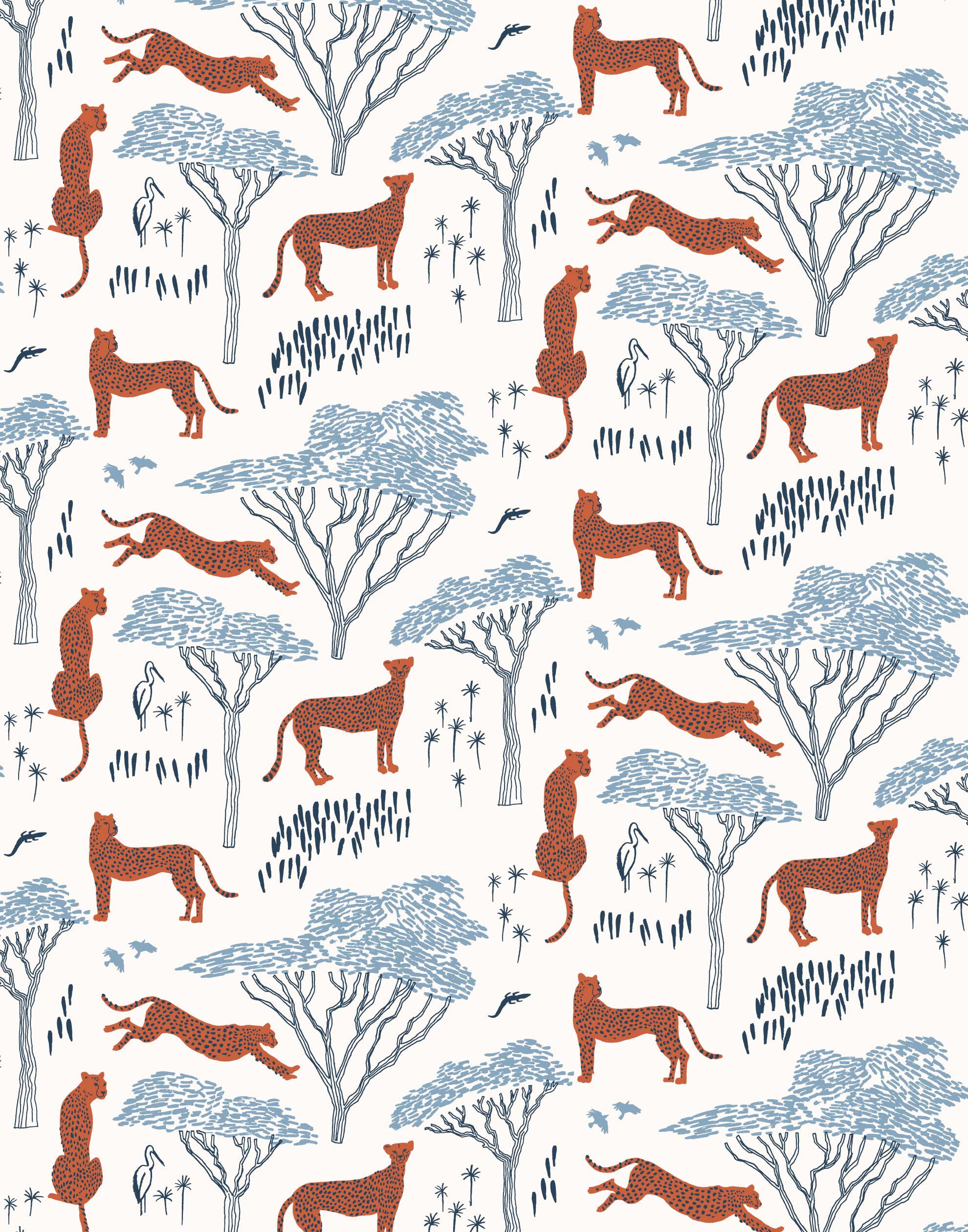 Our Serengeti wallpaper features orange cheetahs and navy birds scattered among blue acacia trees on a white background, reflecting the powerful beauty of the vast plains. Designed by Julia Rothman and made in the USA.