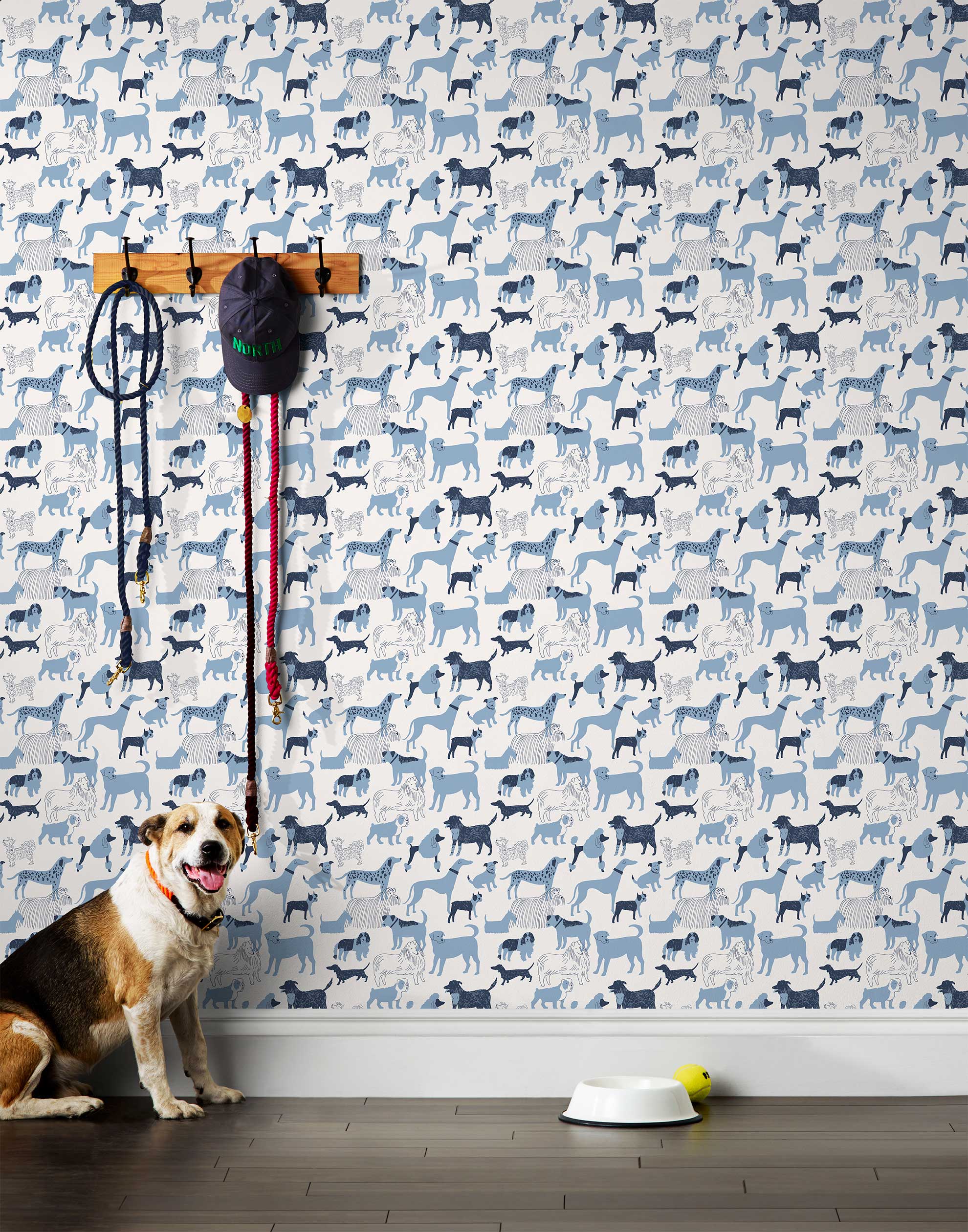 Find your favorite furry friend in our Dog Park pattern, designed in collaboration with Julia Rothman. This wallpaper features blue and navy dogs on a white background.