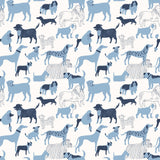 Find your favorite furry friend in our Dog Park pattern, designed in collaboration with Julia Rothman. This wallpaper features blue and navy dogs on a white background.