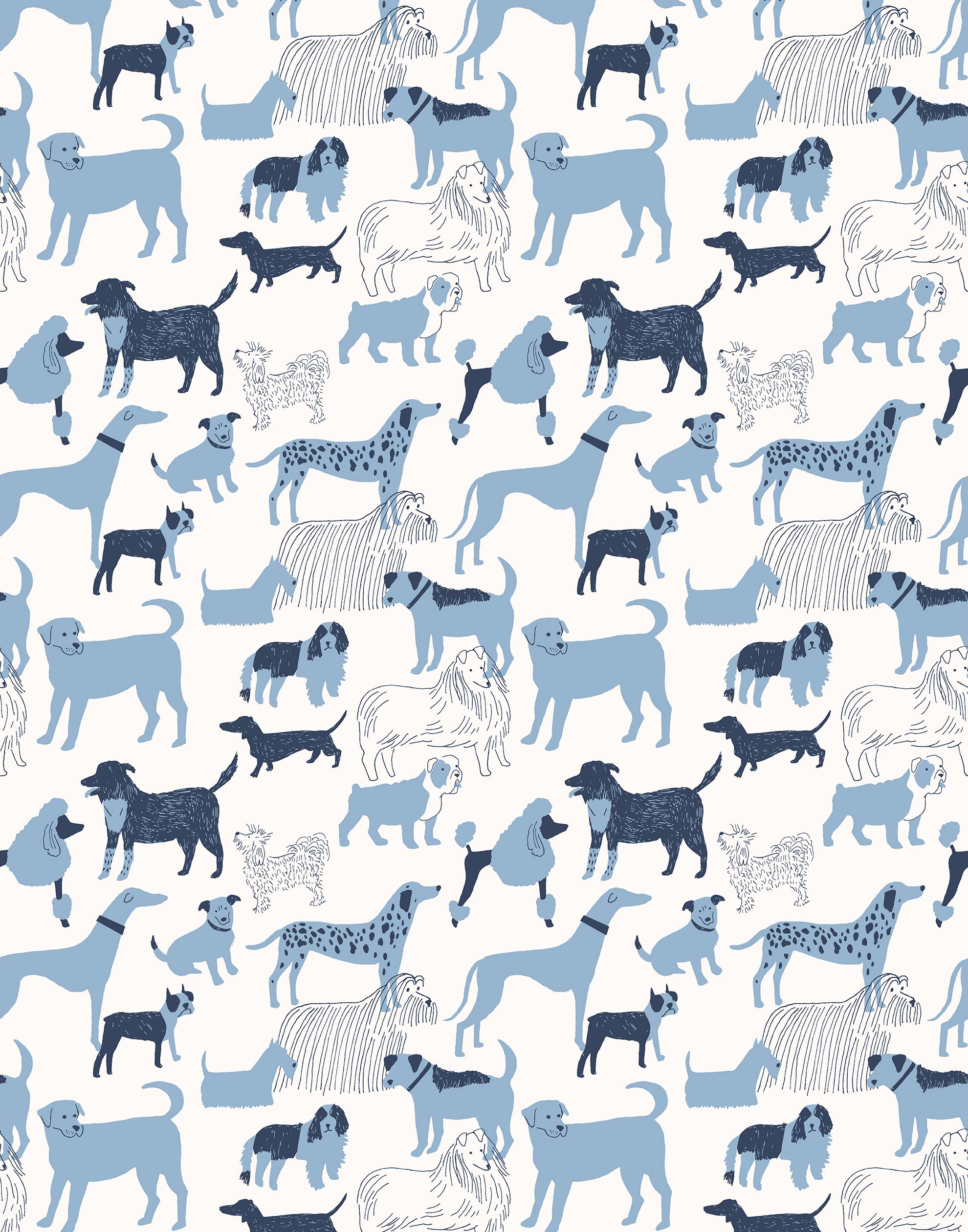 Find your favorite furry friend in our Dog Park pattern, designed in collaboration with Julia Rothman. This wallpaper features blue and navy dogs on a white background.