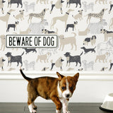 Find your favorite furry friend in our Dog Park pattern, designed in collaboration with Julia Rothman. This wallpaper features gray and taupe dogs on a white background.
