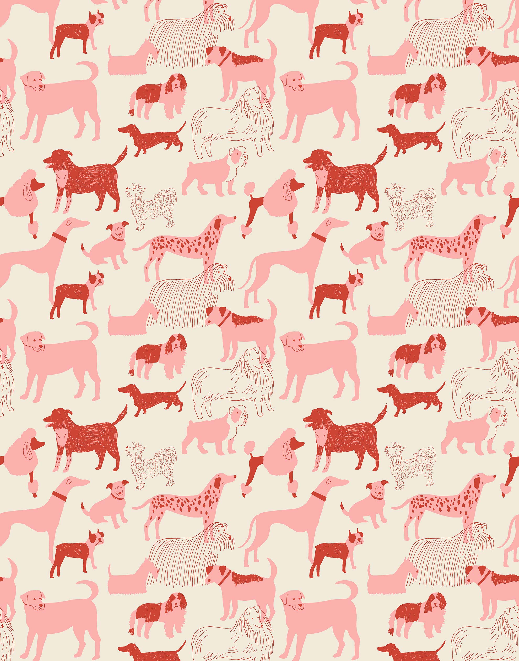 Find your favorite furry friend in our Dog Park pattern, designed in collaboration with Julia Rothman. This wallpaper features red and pink dogs on an off white background.