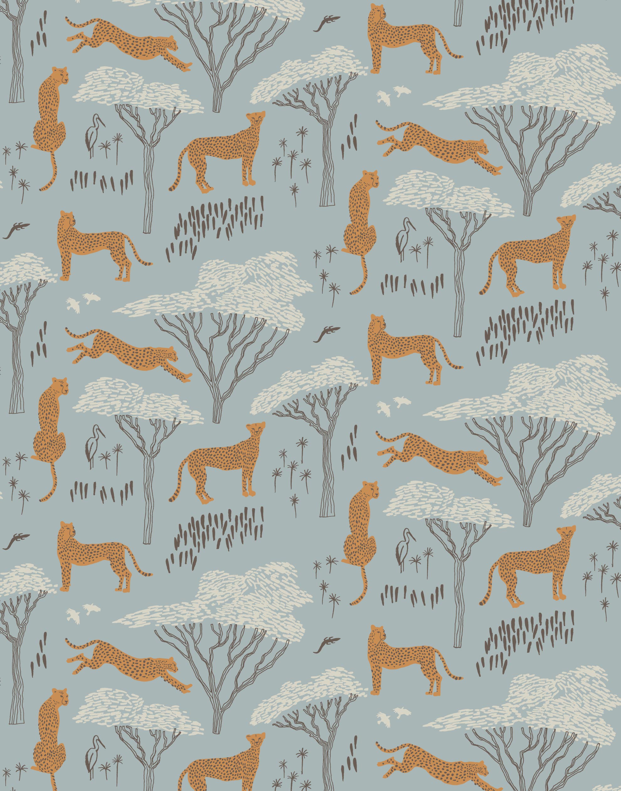 Our Serengeti wallpaper features brown cheetahs and birds scattered among white acacia trees on a dusty blue background, reflecting the powerful beauty of the vast plains. Designed by Julia Rothman and made in the USA.