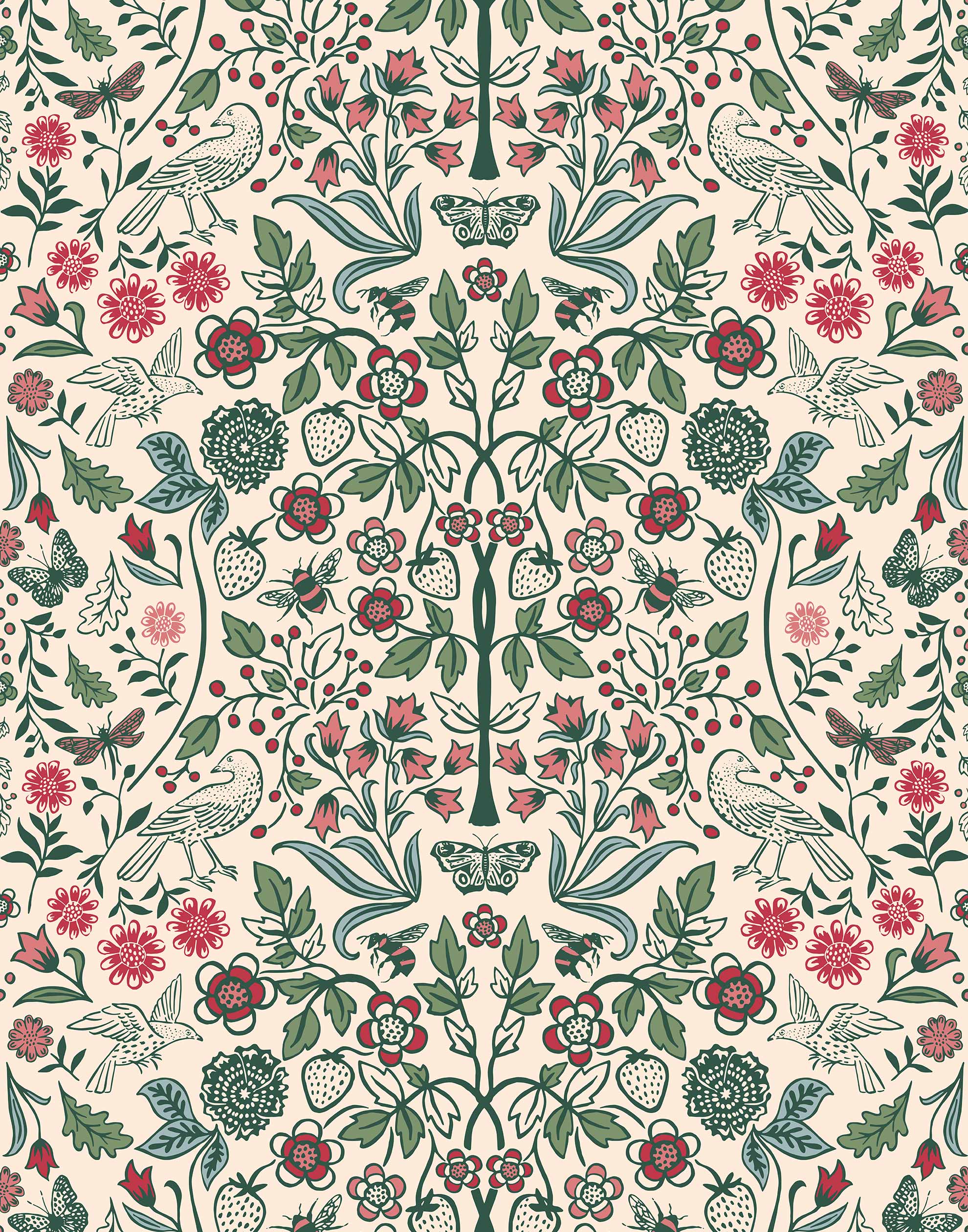 Nora (Blush) wallpaper features a garden of bees, birds, strawberries, and flowers in green, blue and red on a pink background.