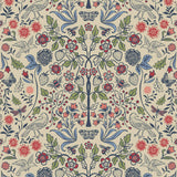 Nora (Taupe) wallpaper features a garden of bees, birds, strawberries, and flowers in shades of blue, pink, and white on a cream background.