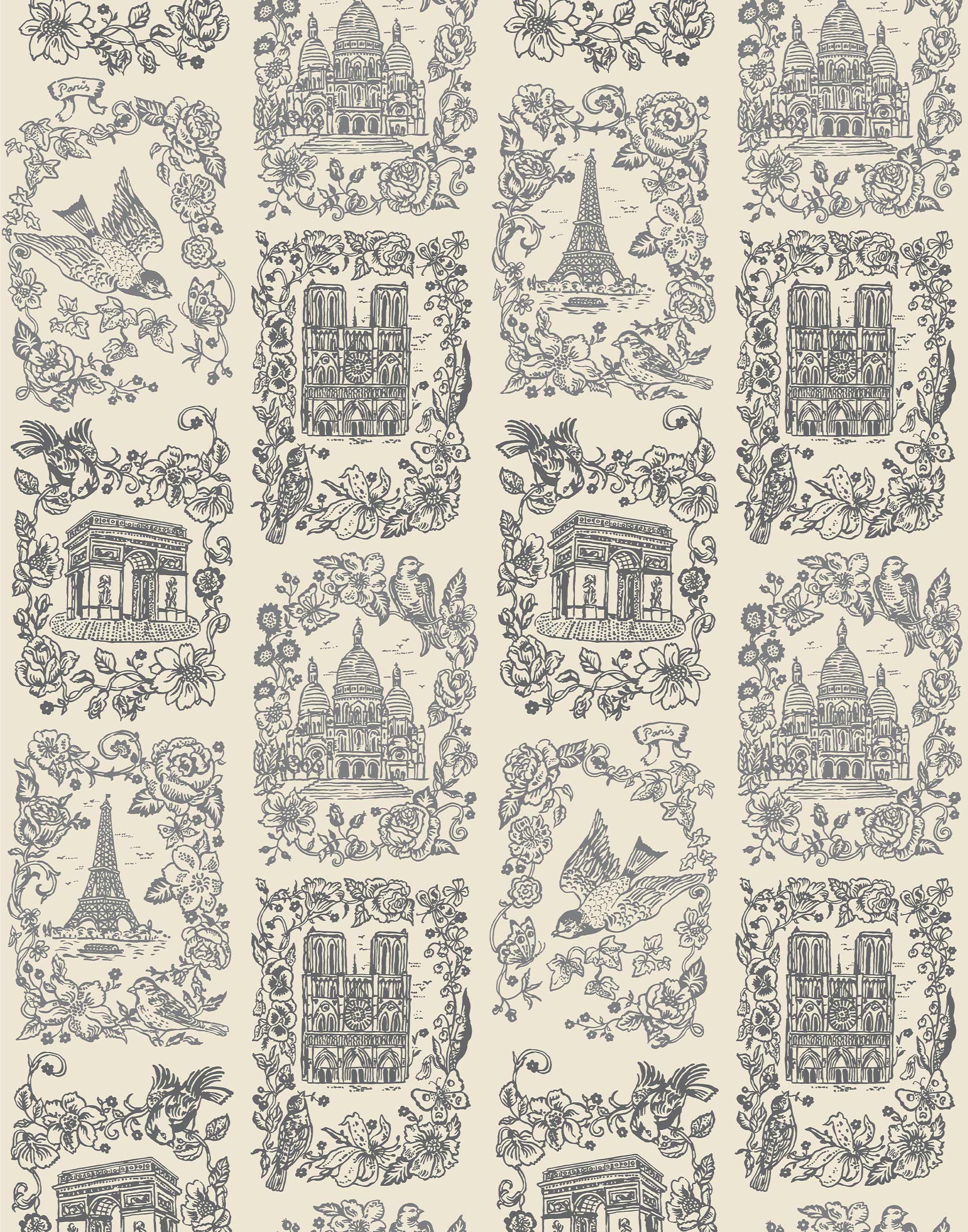 Je T'aime Paris (Parchment) wallpaper featuring gray illustrations of Paris landmarks on a cream background | Nathalie Lete + Hygge & West