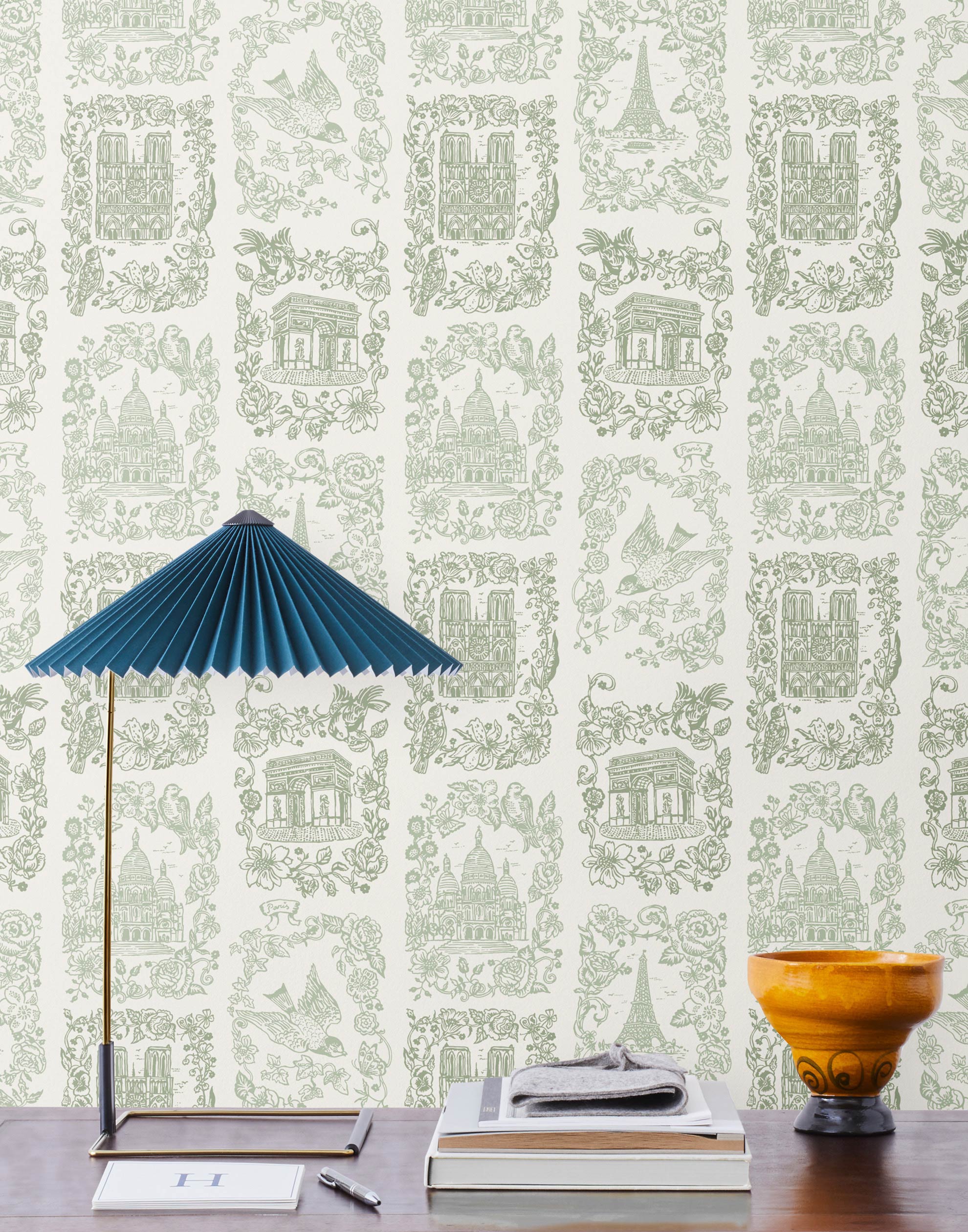 Je T'aime Paris (Sage) wallpaper featuring green illustrations of Paris landmarks on a white background | Nathalie Lete + Hygge & West