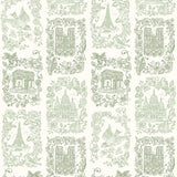 Je T'aime Paris (Sage) wallpaper featuring green illustrations of Paris landmarks on a white background | Nathalie Lete + Hygge & West