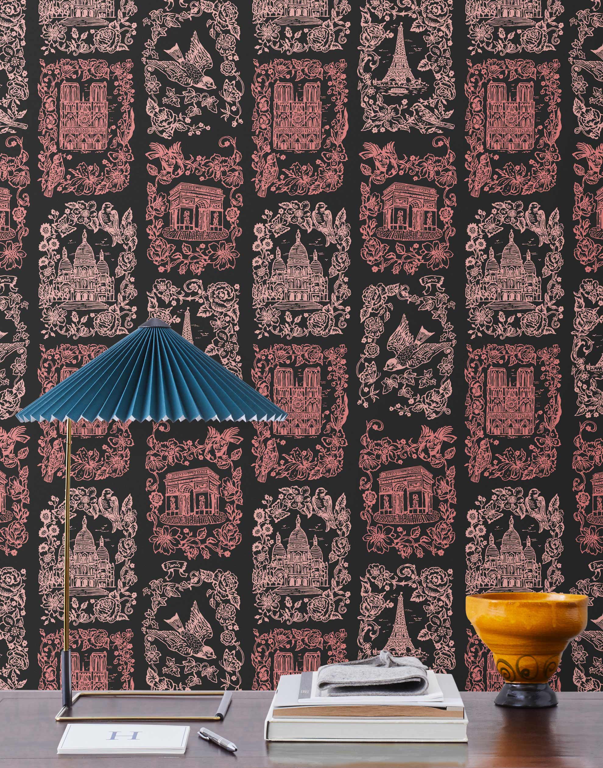 Je T'aime Paris (Ebony) wallpaper featuring pink illustrations of Paris landmarks on a black background | Nathalie Lete + Hygge & West