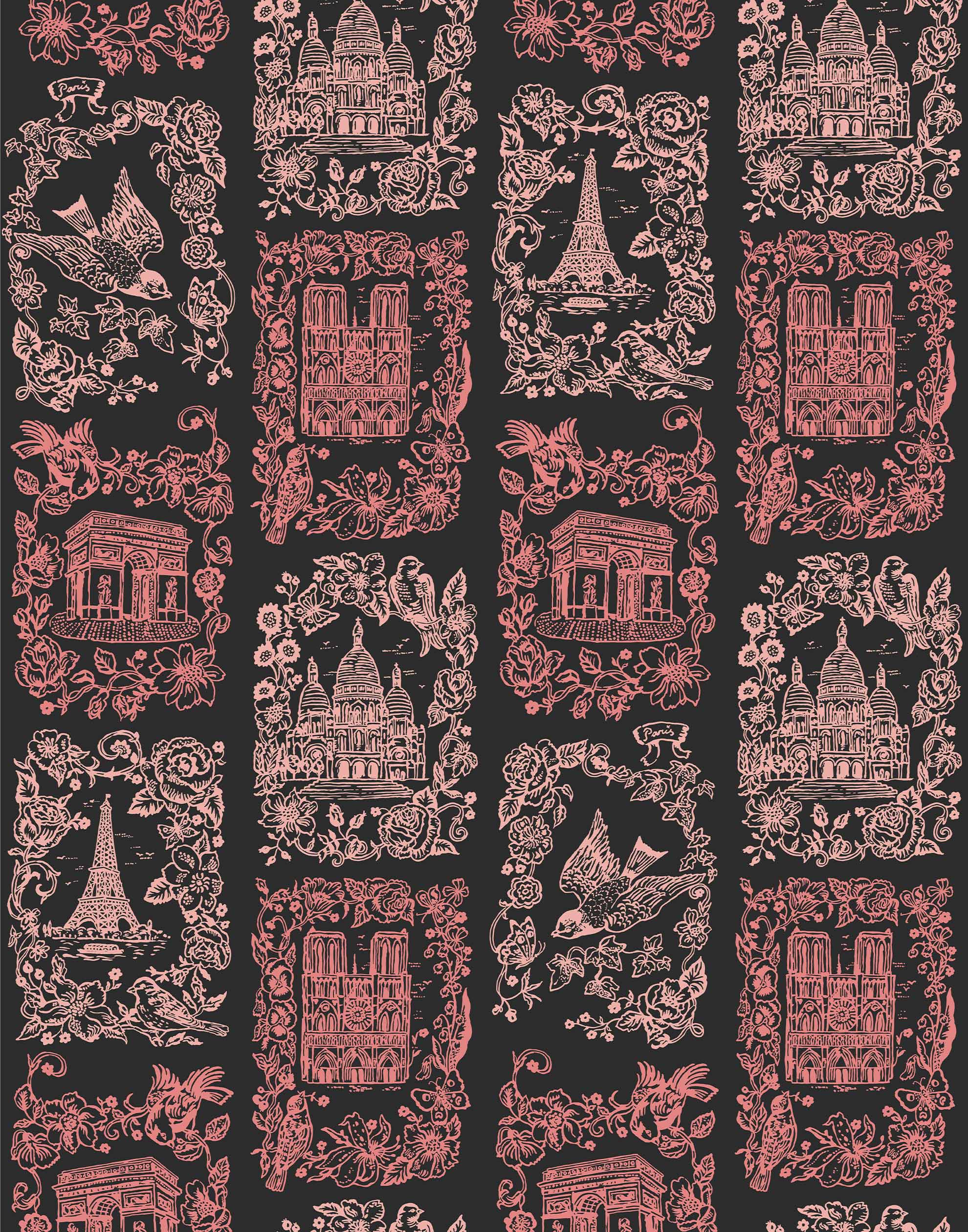 Je T'aime Paris (Ebony) wallpaper featuring pink illustrations of Paris landmarks on a black background | Nathalie Lete + Hygge & West