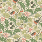 Robin (Parchment) features red-breasted robins hopping among leaves in shades of green on a cream backround.