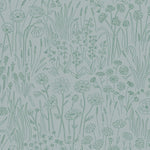 Alpine Garden Tonal (Mist) featuring hand drawn flowers in green on a dusty blue background | Schoolhouse x Hygge & West Wallpaper Collection