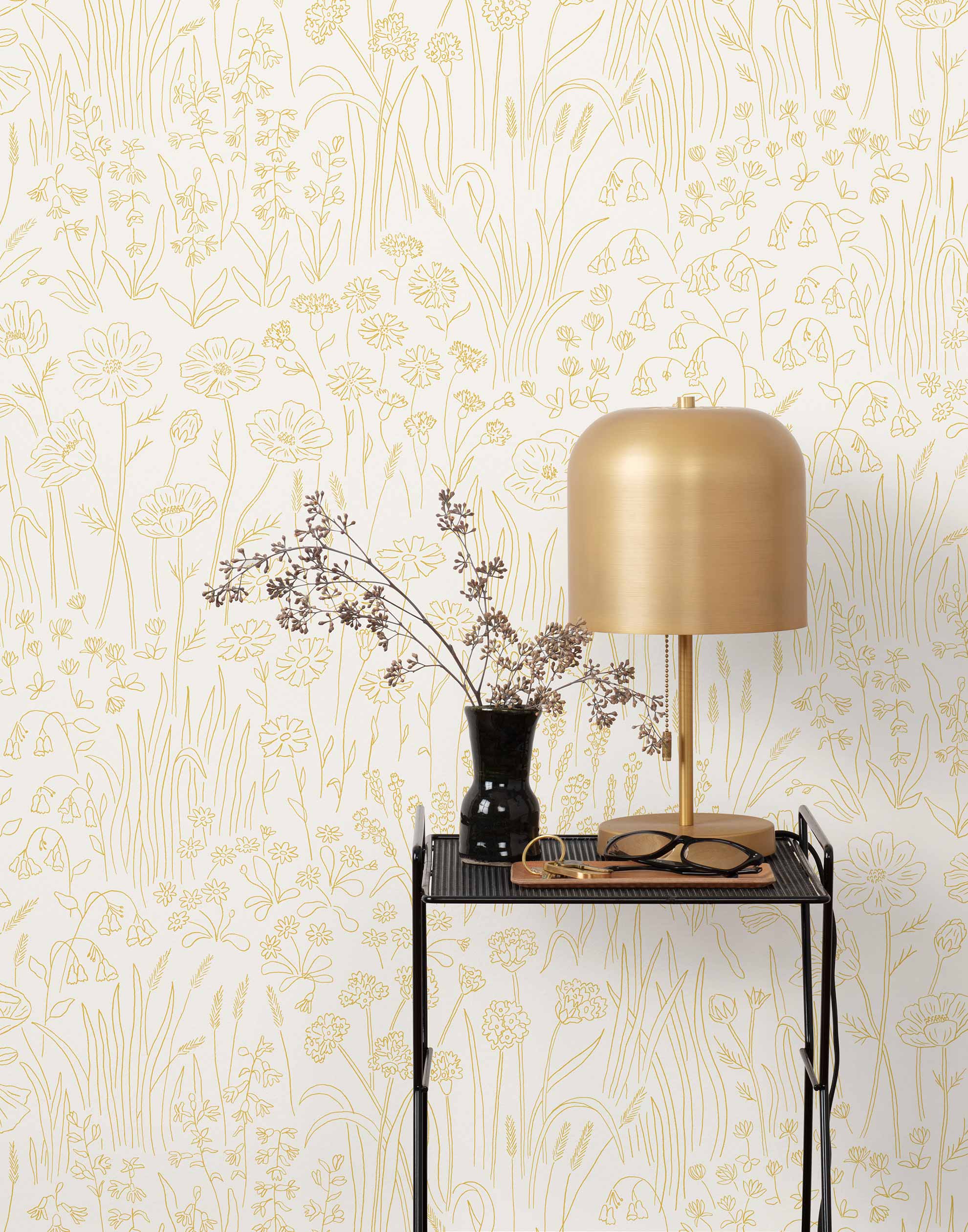 Alpine Garden Tonal (Chamomile) featuring hand drawn flowers in yellow on a white background | Schoolhouse x Hygge & West Wallpaper Collection