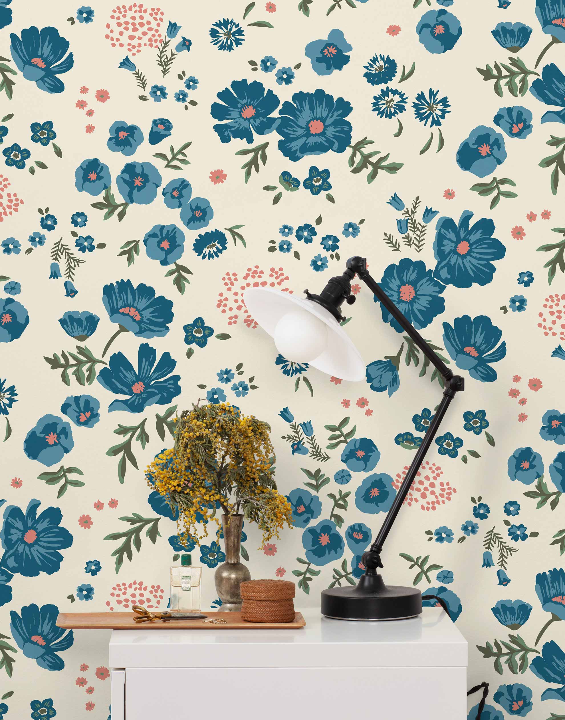 Cascade Meadow (Teal) featuring hand drawn flowers in blue and pink on an off white background | Schoolhouse x Hygge & West