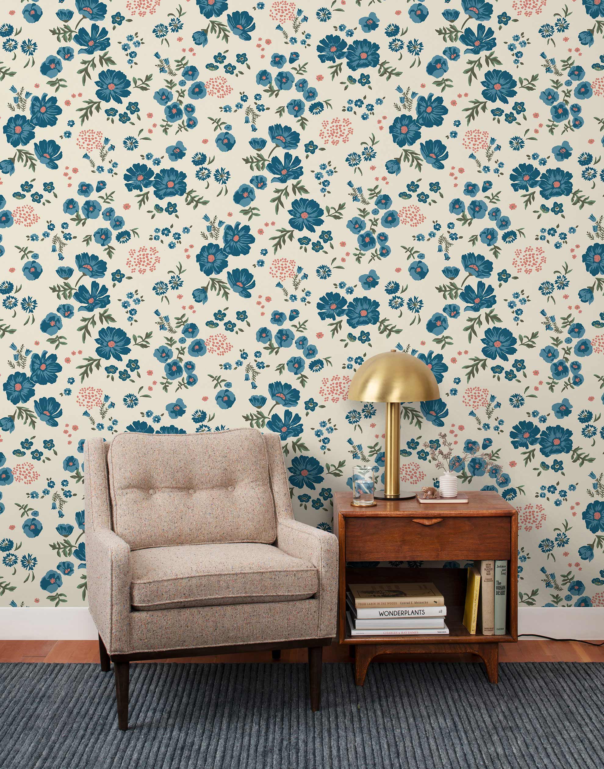Cascade Meadow (Teal) featuring hand drawn flowers in blue and pink on an off white background | Schoolhouse x Hygge & West