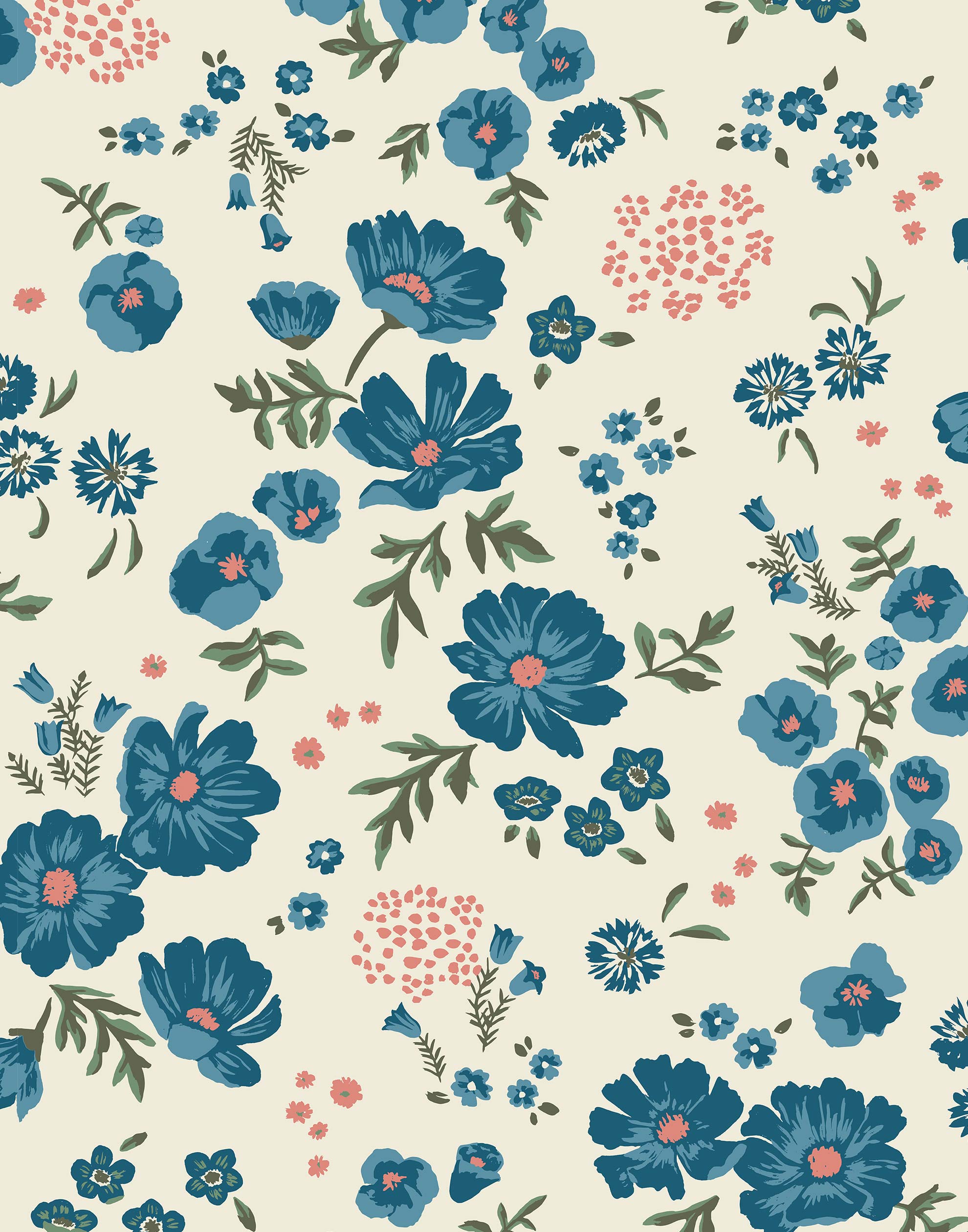Cascade Meadow (Teal) featuring hand drawn flowers in blue and pink on an off white background | Schoolhouse x Hygge & West