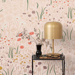 Alpine Garden Multi (Blush) featuring hand drawn flowers in coral, mauve, and mustard yellow with metallic gold accents on a pink background | Schoolhouse x Hygge & West Wallpaper Collection