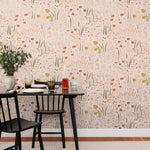 Alpine Garden Multi (Blush) featuring hand drawn flowers in coral, mauve, and mustard yellow with metallic gold accents on a pink background | Schoolhouse x Hygge & West Wallpaper Collection