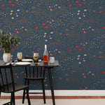 Alpine Garden Multi (Midnight) featuring hand drawn flowers in red, lilac, and pink with metallic copper accents on a deep blue background | Schoolhouse x Hygge & West Wallpaper Collection