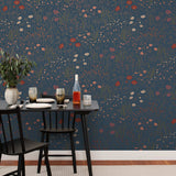 Alpine Garden Multi (Midnight) featuring hand drawn flowers in red, lilac, and pink with metallic copper accents on a deep blue background | Schoolhouse x Hygge & West Wallpaper Collection