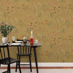 Alpine Garden Multi (Ochre) featuring hand drawn flowers in mustard, white, and pink with rust accents on a ochre background | Schoolhouse x Hygge & West Wallpaper Collection